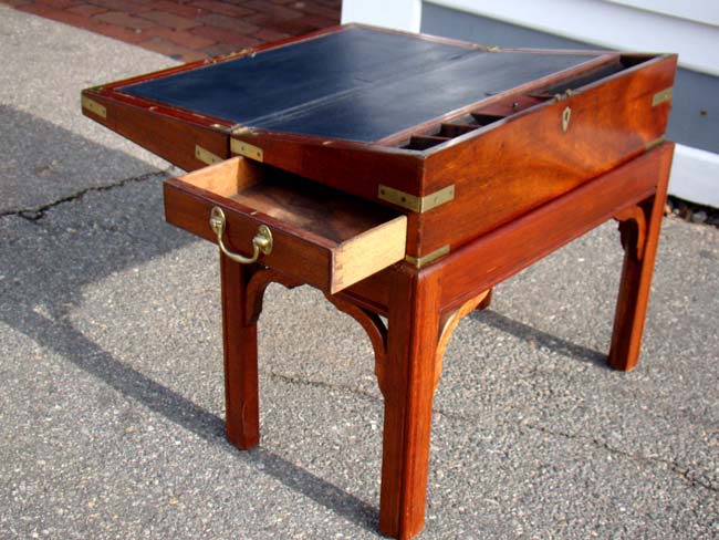 A Wonderful brass bound 'Campaign' style mahogany lap desk circa 1830 on a custom made stand — image 3